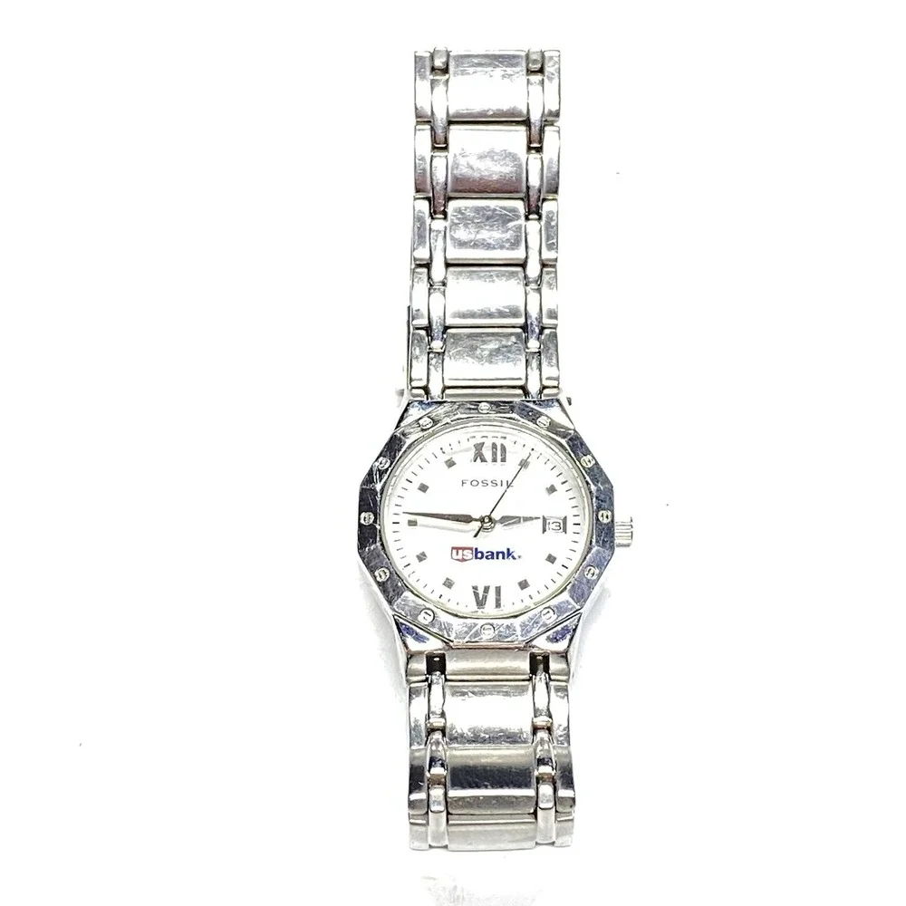 Fossil PR5313 Wrist Watch Silver Tone US Bank Logo Gift Needs Battery
